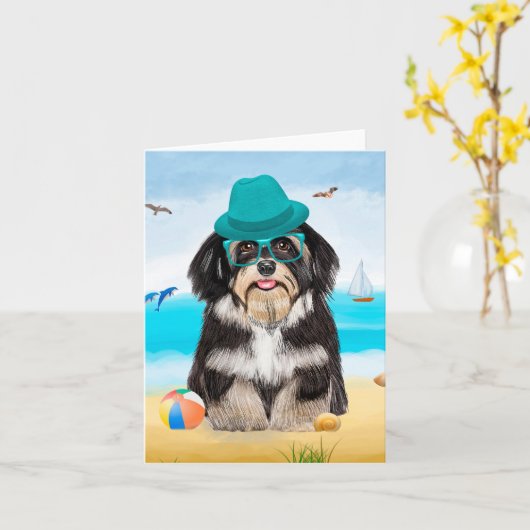 Havanese Dog op strand Kaart (Gele Bloem)