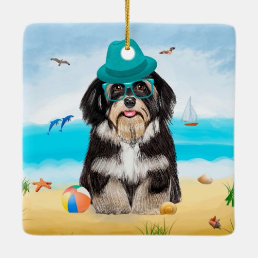 Havanese Dog op strand Keramisch Ornament (Achterkant)