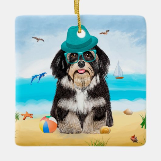 Havanese Dog op strand Keramisch Ornament (Voorkant)