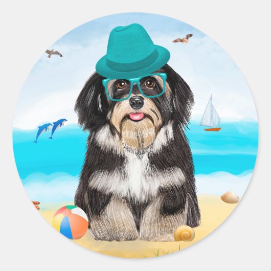 Havanese Dog op strand Ronde Sticker (Voorkant)