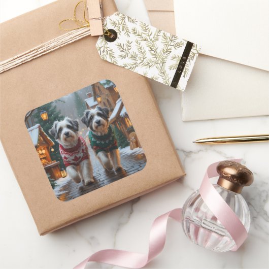 Havanese Dogs Christmas Snow Holiday  Vierkante Sticker (Geschenken)