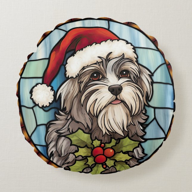 Havanese Gebrandschilderde Glas Kerstmis Rond Kussen (Voorkant)