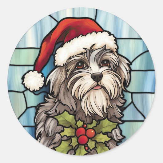 Havanese Glas in lood Kerst Ronde Sticker (Voorkant)