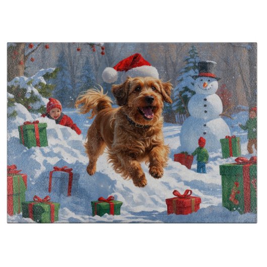 Havanese hardloop in de sneeuw met kerstmuts snijplank (Voorkant)
