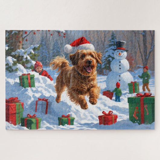 Havanese hardlopen in de sneeuw met kerstmuts legpuzzel (Horizontaal)