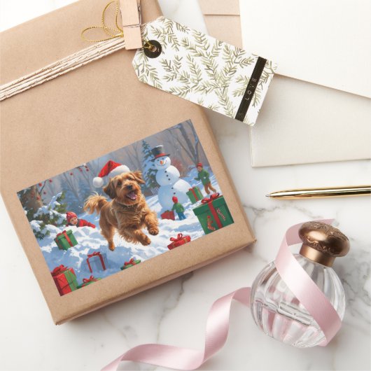 Havanese hardlopen in de sneeuw met kerstmuts rechthoekige sticker (Geschenken)