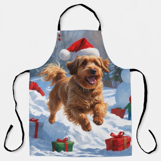 Havanese hardlopen in de sneeuw met kerstmuts schort (Voorkant)