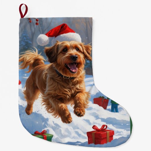 Havanese hardlopend in de sneeuw met kerstmuts grote kerstsok (Voorkant)