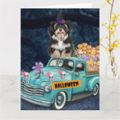Havanese Hond Halloween Truck Griezelijke Nacht  Kaart (Gele Bloem)