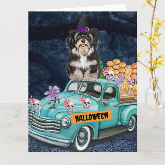 Havanese Hond Halloween Truck Griezelijke Nacht  Kaart (Gele Bloem)