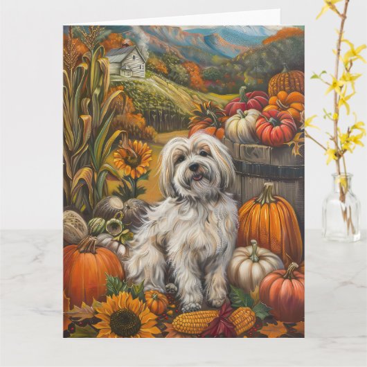 Havanese Hond Herfst Oogst Thanksgiving Kaart (Gele Bloem)