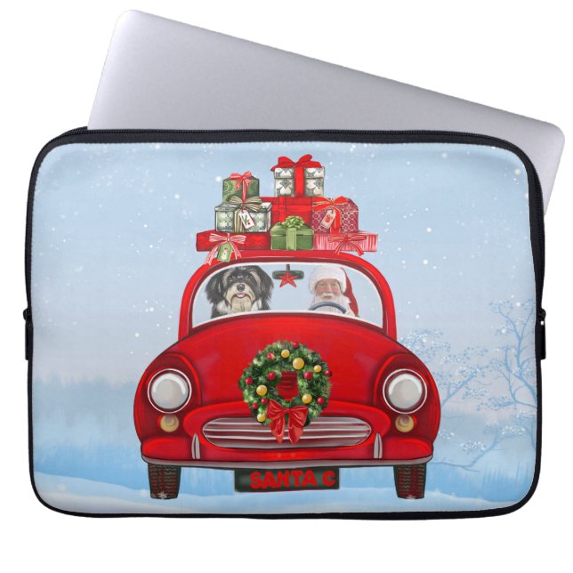 Havanese hond in auto met kerstman laptop sleeve (Voorkant)