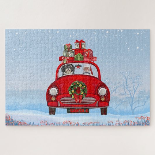 Havanese hond in auto met kerstman  legpuzzel (Horizontaal)