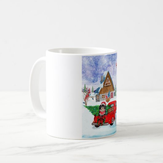 Havanese hond in kerstcadeau, vrachtwagen sneeuw koffiemok (Voorkant links)