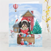 Havanese hond in sneeuw Kersthuisje voor honden Kaart (Gele Bloem)