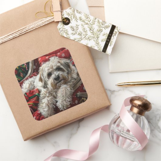 Havanese Hond Kerst Feestelijk Vierkante Sticker (Geschenken)