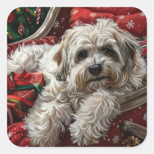 Havanese Hond Kerstfeest Vierkante Sticker (Voorkant)