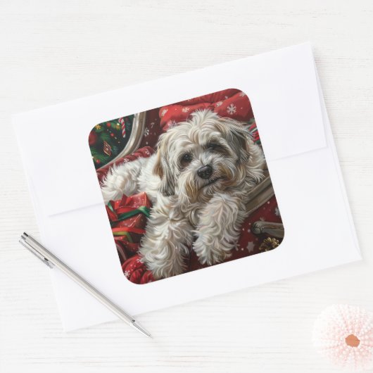 Havanese Hond Kerstfeest Vierkante Sticker (Envelop)