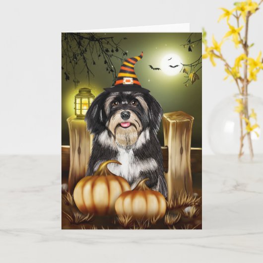 Havanese Hond Met Heks Pet Halloween Cadeau Idee Kaart (Gele Bloem)