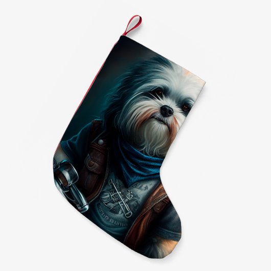 Havanese hond op digitaal fietsenschilderij kleine kerstsok (Voorkant (Hangend))