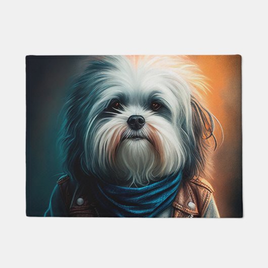 Havanese hond op fiets digitaal schilderij  deurmat (Voorkant)