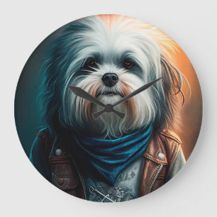 Havanese hond op fiets digitaal schilderij grote klok