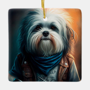 Havanese hond op fiets digitaal schilderij keramisch ornament