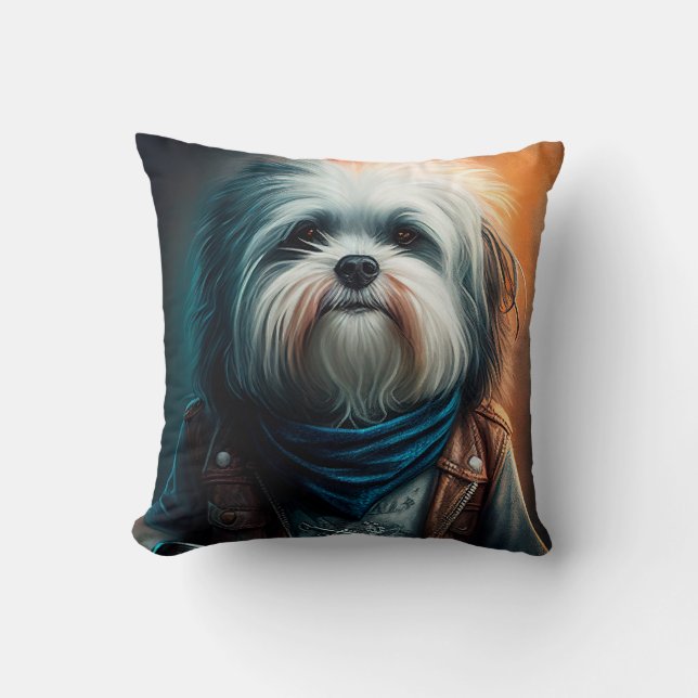 Havanese hond op fiets digitaal schilderij kussen (Voorkant)