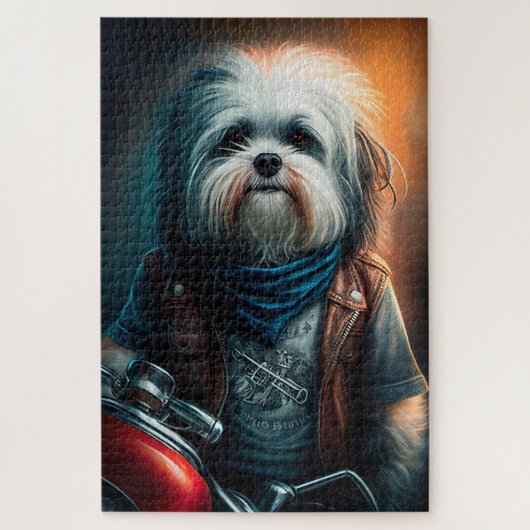 Havanese hond op fiets digitaal schilderij legpuzzel (Verticaal)
