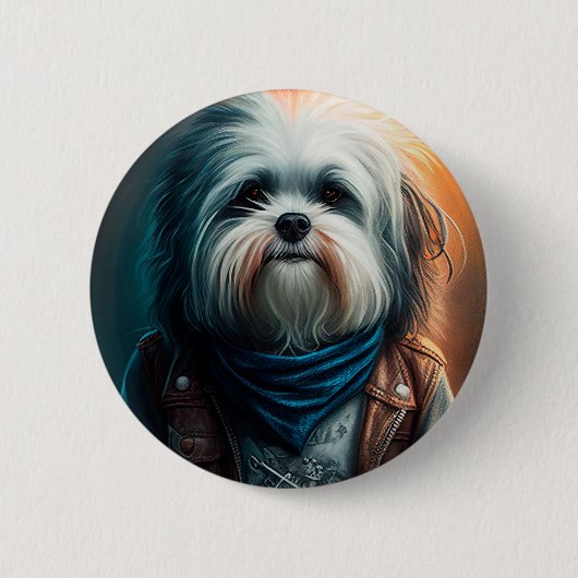 Havanese hond op fiets digitaal schilderij ronde button 5,7 cm (Voorkant)