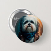Havanese hond op fiets digitaal schilderij ronde button 5,7 cm (Voorkant /achterkant)