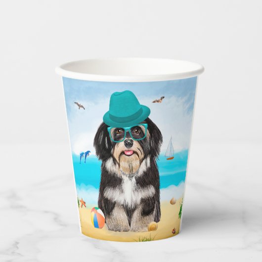 Havanese hond op het strand papieren bekers (Voorkant)