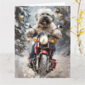 Havanese Hond Rijden Motorfiets Kerstmis Kaart (Gele Bloem)