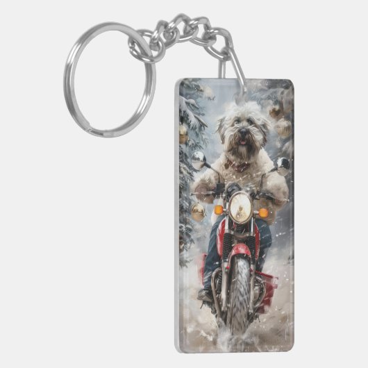 Havanese Hond Rijden Motorfiets Kerstmis Sleutelhanger (Voorkant Links)