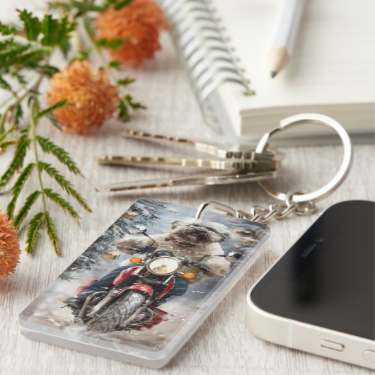 Havanese Hond Rijden Motorfiets Kerstmis Sleutelhanger (Voorkant Rechts)