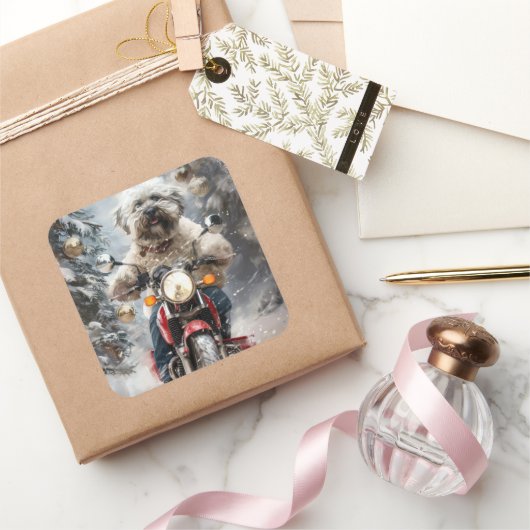 Havanese Hond Rijden Motorfiets Kerstmis Vierkante Sticker (Geschenken)