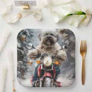 Havanese Hond Rijdt op Motorfiets Kerstmis Papieren Bordje