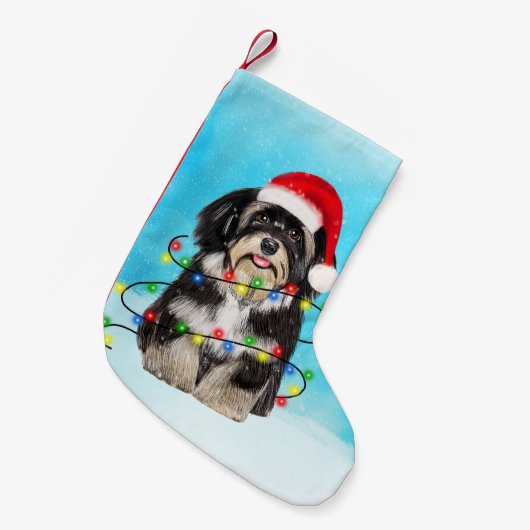 Havanese Hond Zittend Op Strand Kerst Pet Lichten Kleine Kerstsok (Voorkant (Hangend))