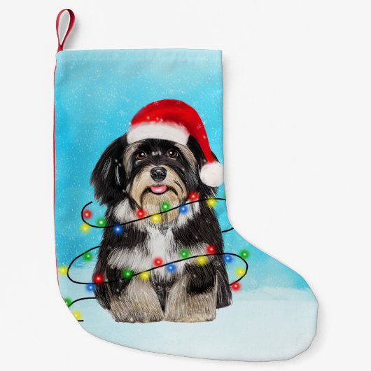 Havanese Hond Zittend Op Strand Kerst Pet Lichten Kleine Kerstsok (Voorkant)
