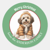 Havanese Hondenpuppy Winterjas en Pet Kerst Ronde Sticker (Voorkant)