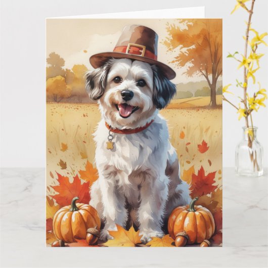 Havanese in herfstbladeren Thanksgiving kunst Kaart (Gele Bloem)