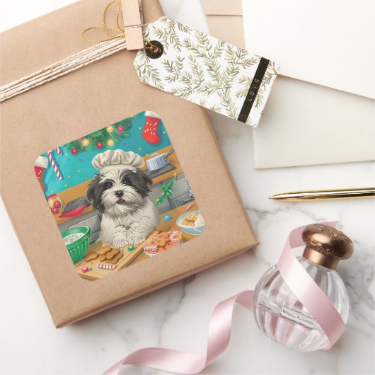 Havanese Kerstbakfeest: Festieve Kerstmis Vierkante Sticker (Geschenken)
