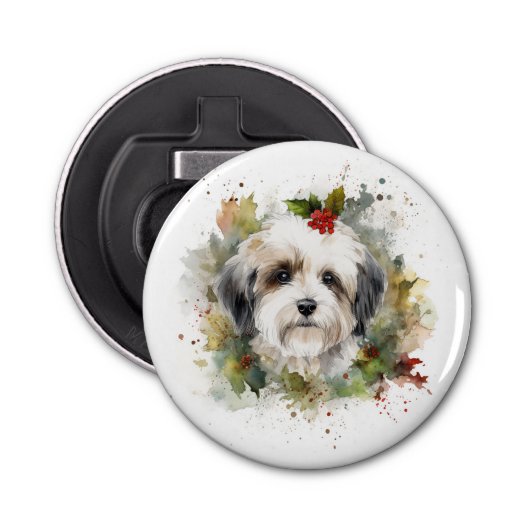 Havanese Kerstkrans Feestelijke Pup Button Flesopener (Voorkant)