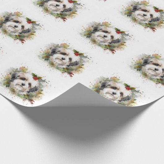 Havanese Kerstkrans Feestelijke Pup Cadeaupapier (Hoek)