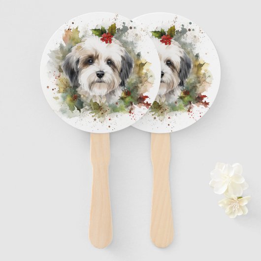 Havanese Kerstkrans Feestelijke Pup Handwaaier (Voorkant en achterkant)