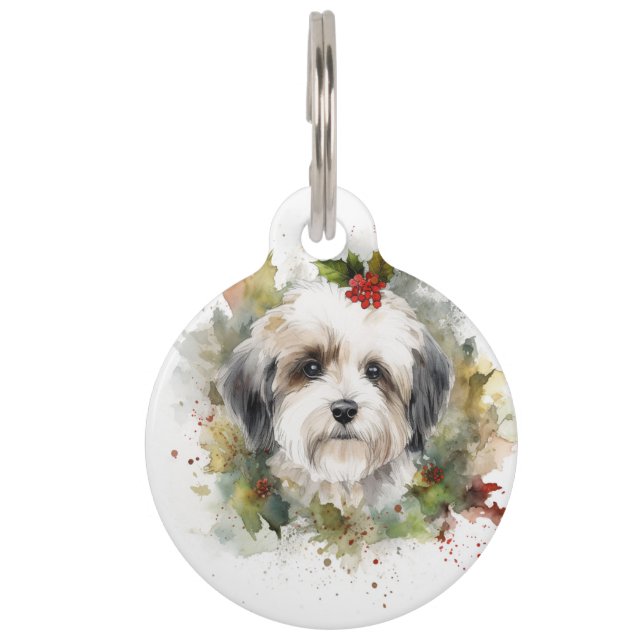 Havanese Kerstkrans Feestelijke Pup Huisdierpenning (Voorkant)