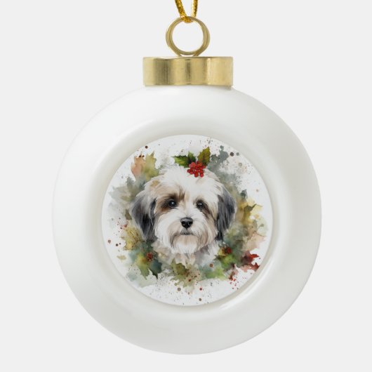 Havanese Kerstkrans Feestelijke Pup Keramische Bal Ornament (Voorkant)