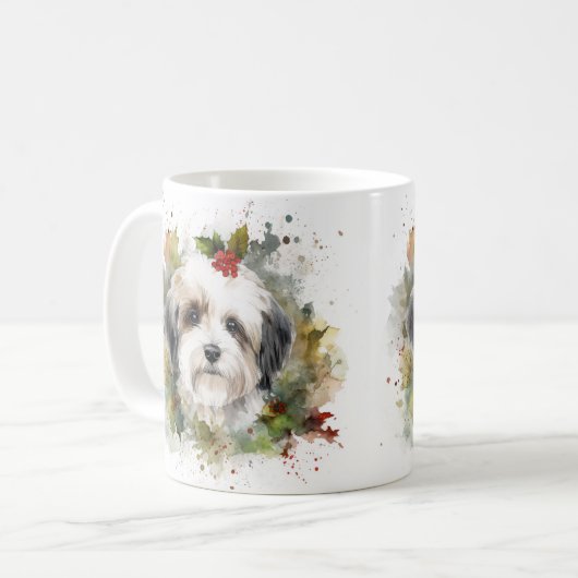 Havanese Kerstkrans Feestelijke Pup Koffiemok (Voorkant links)