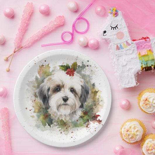 Havanese Kerstkrans Feestelijke Pup Papieren Bordje (Feest)