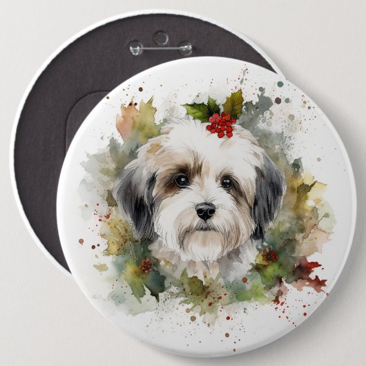 Havanese Kerstkrans Feestelijke Pup Ronde Button 6,0 Cm (Voorkant /achterkant)